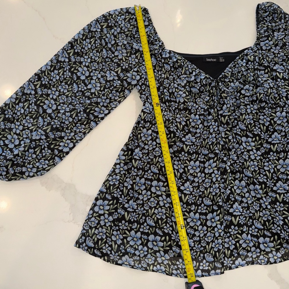 Boohoo Blue Floral Milkmaid Top Square Neck Balloon Sleeves | Size 6 - Picture 7 of 7